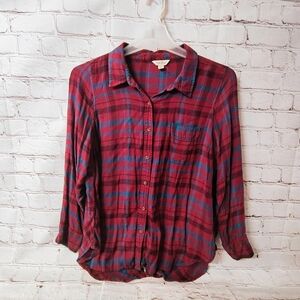 Lucky Brand Bungalow 1X Back Button Flannel Long Line Boho Cute Soft Flannel